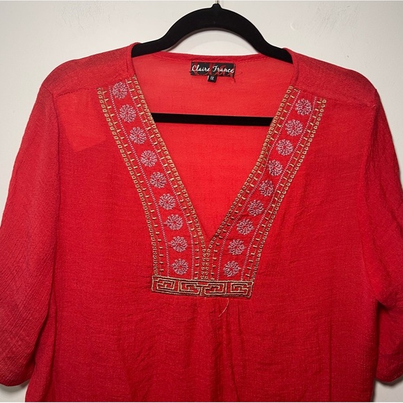 Claire France Women's Red boho peasant embroidered short sleeve gauzy top in 1X - Picture 2 of 8